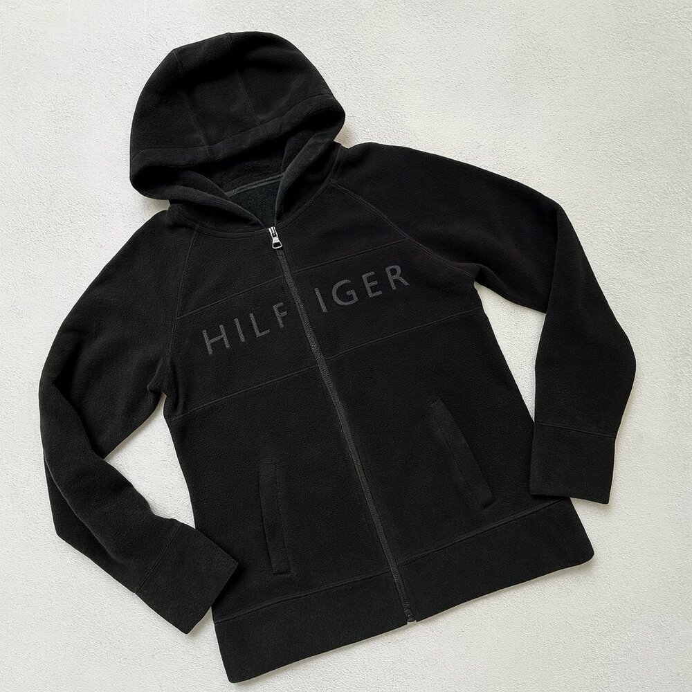 Tommy Hilfiger Women’s Black Fleece Zip-Up Hoodie – Size L, Glossy Logo, Excelle